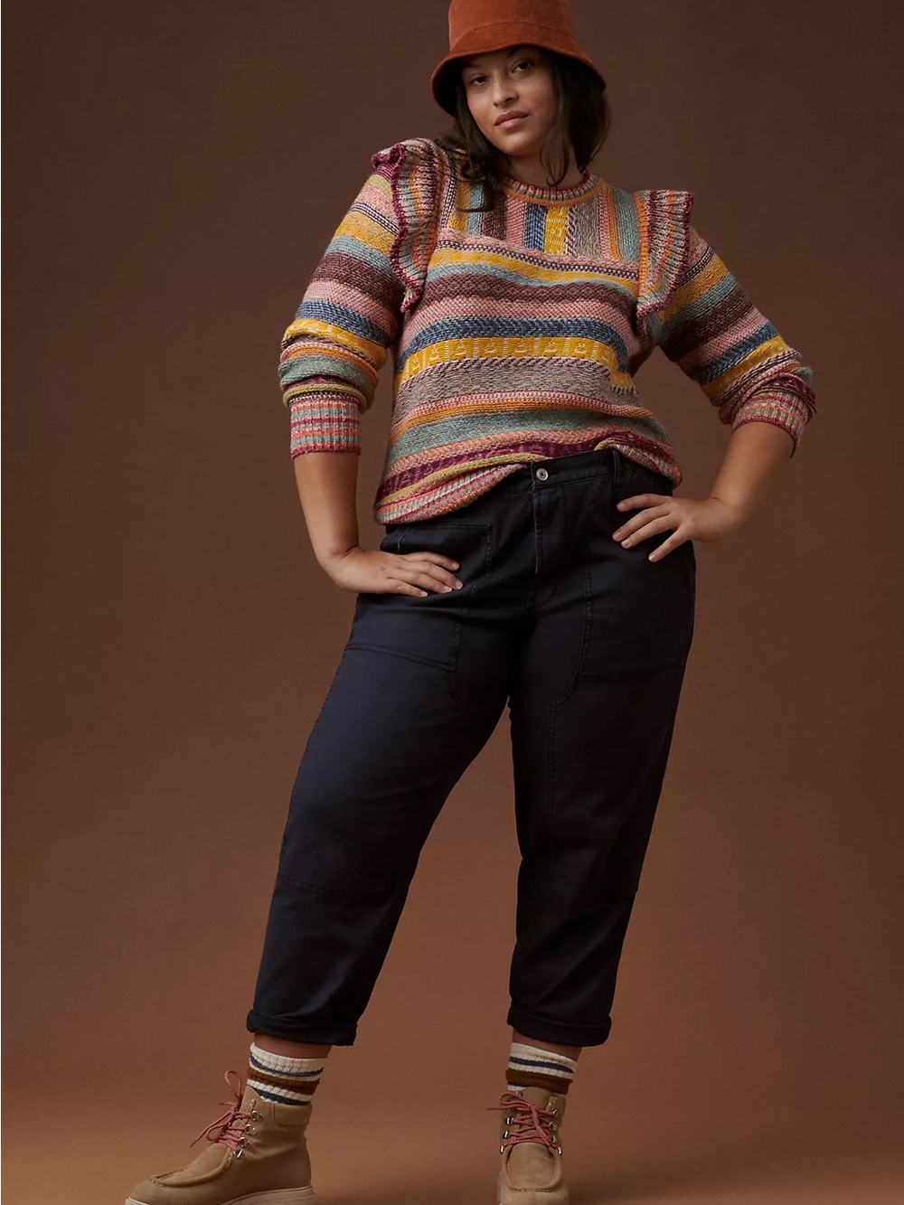 Pilcro Striped Ruffle-Shoulder Crewneck Sweater in Pink, Blue & Yellow 2X - Picture 6 of 11